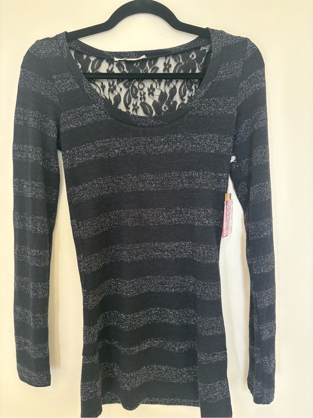 NWT Ardene Black Long Sleeve Scoop Top with Silver Metallic Stripes & Lace Back